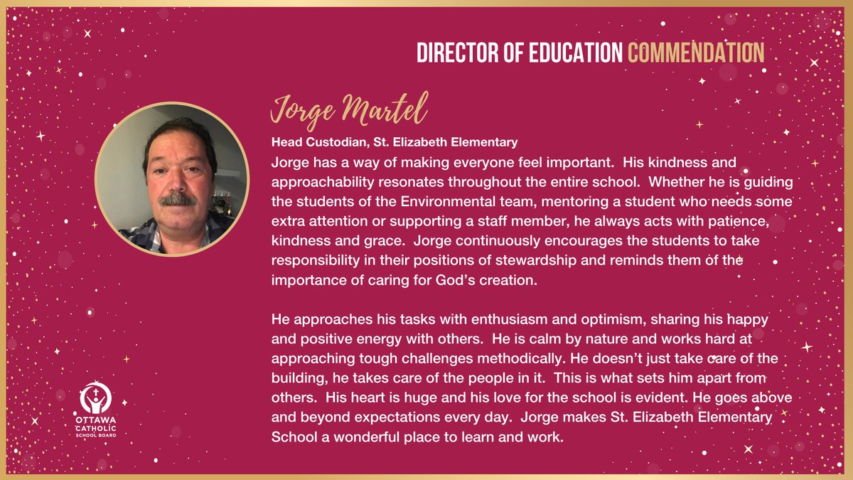 OttCatholicSB's tweet photo. "Jorge continuously encourages the students to take responsibility in their positions of stewardship and reminds them of the importance of caring for God’s creation." Congrats Jorge @StElizabethOCSB, on your Director of Education Commendation Award! 🎉👏 https://t.co/5ihM6hGPo6 https://t.co/O6wqRa3zv7
