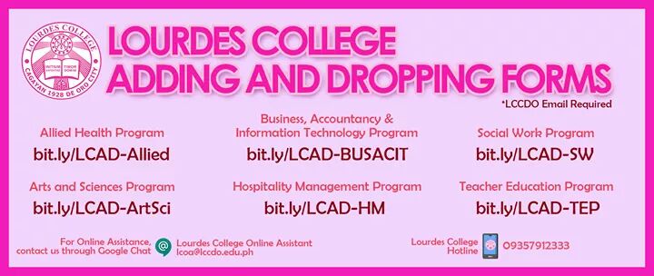 OfficialLCSG's tweet photo. Good Evening Lourdesians! 
Praised be Jesus and Mary! 

College students may now proceed with their adding and dropping of subjects.  Please refer to your program's google forms link to begin with the process.

....... https://t.co/vTfQNXKyrT