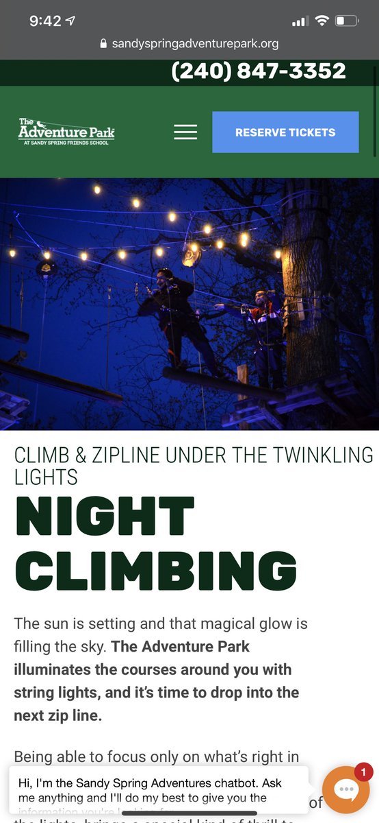 Adventures park of Sandy Spring , it’s a zip lining course and you can even do it at night .