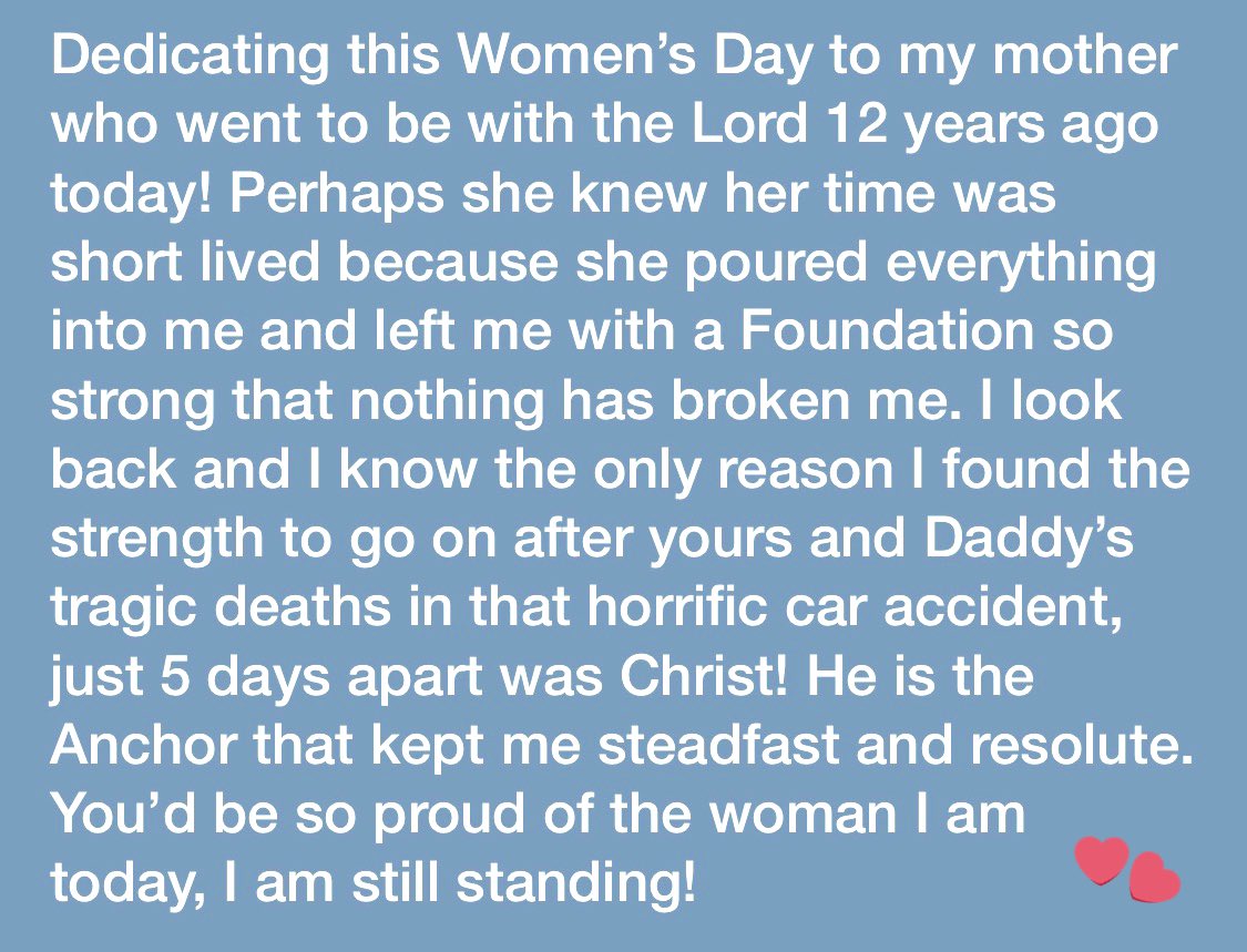 DanaiNhando's tweet photo. Dedicating this #WomensDay to my Mother who was tragically taken away from us 12 years ago today! The only reason I found strength to go on after yours &amp; Dad’s tragic deaths just 5 days apart, after that horrific car accident was Christ!You’d be so proud of the woman I am today. https://t.co/yPe15L0mSF