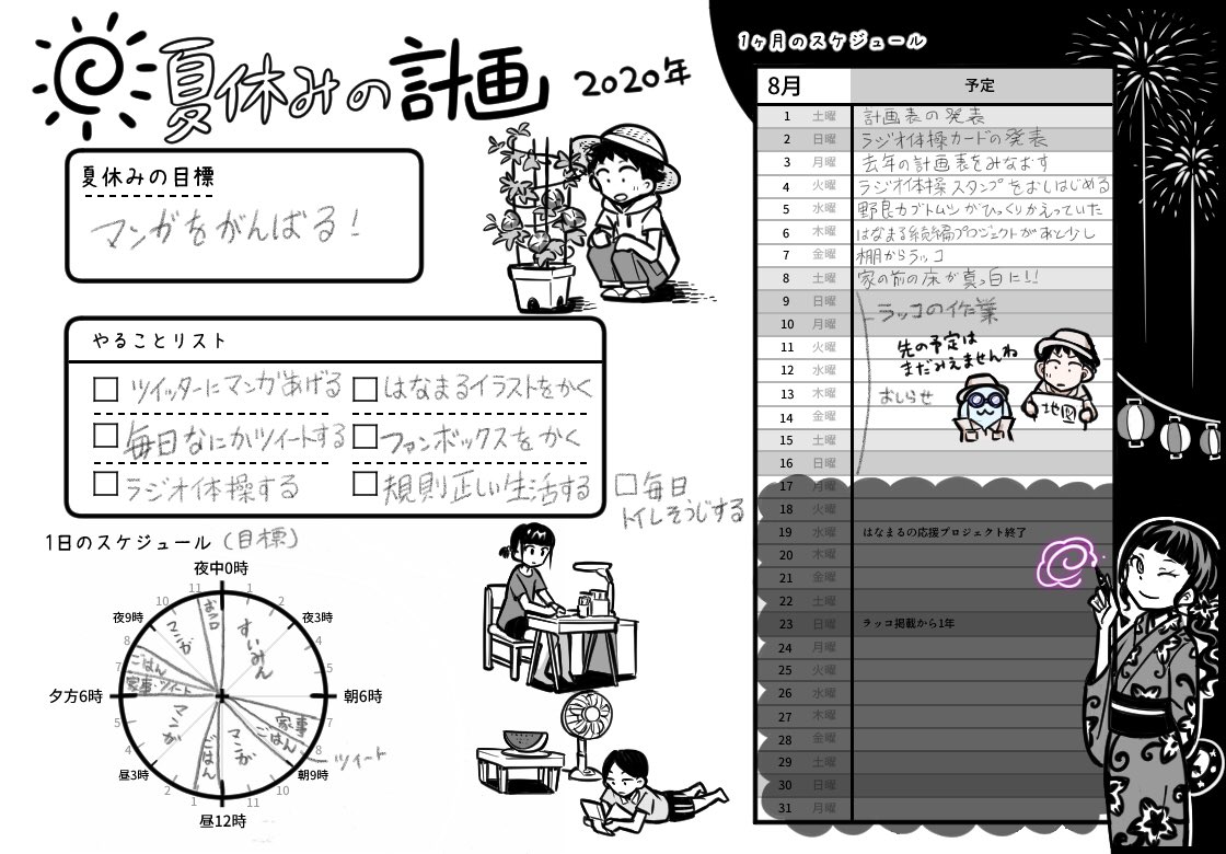 今週からやっと夏休みという学校も多いようですね!

僕も今週分の計画をたてました。
ザックリですが…「ラッコの作業をする」
今週は目標達成するぞ!
先週の目標「個人的な漫画」はまだ途中で達成ならずです?

あとついで先週のツイートをふりかえりました。 