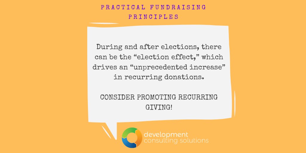 RobinCabralCFRE's tweet photo. Today's #Fundraising #PracticalPrinciples: "During and afer elections, there can be the 'election effect,' which drives an 'unprecedented increase' in recurring donations.  CONSIDER PROMOTING RECURRING GIVING!"

#nonprofit #fundraising #fundraisingideas #charity https://t.co/VB8faRbTnD