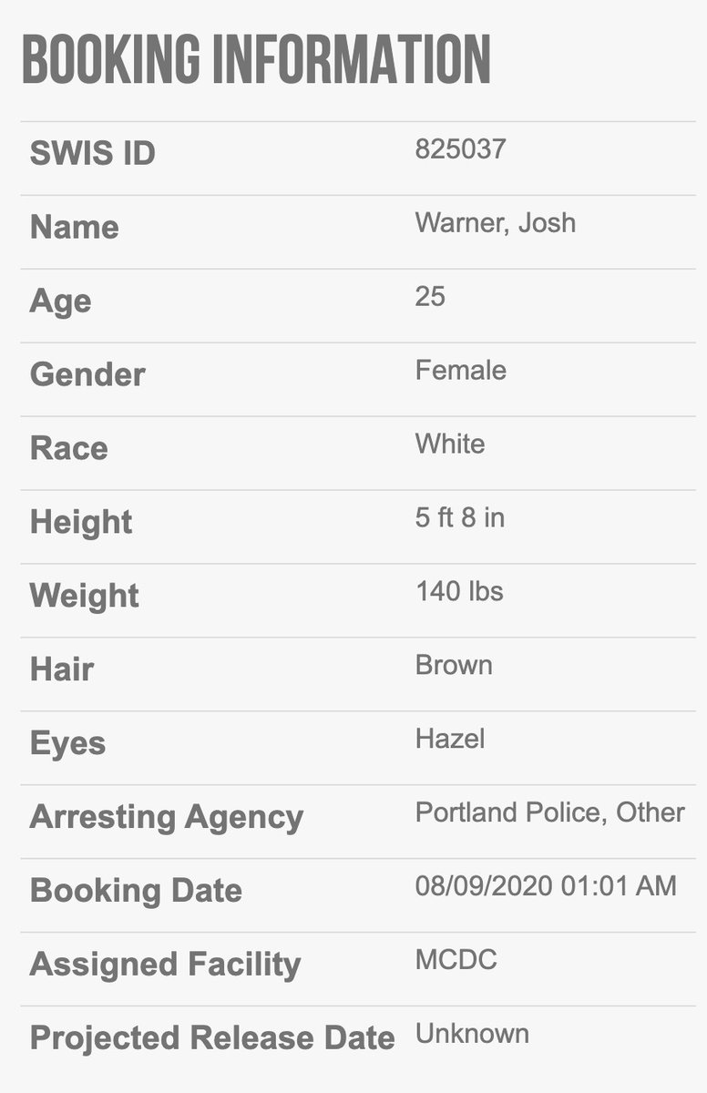 Josh Warner, a 25-year-old male to female transsexual, is charged with unlawful use of a laser, interfering with an officer & more. She was arrested at the  #antifa riot in north Portland where arsonists set the police union building on fire.  #PortlandRiots  http://archive.vn/npItV 