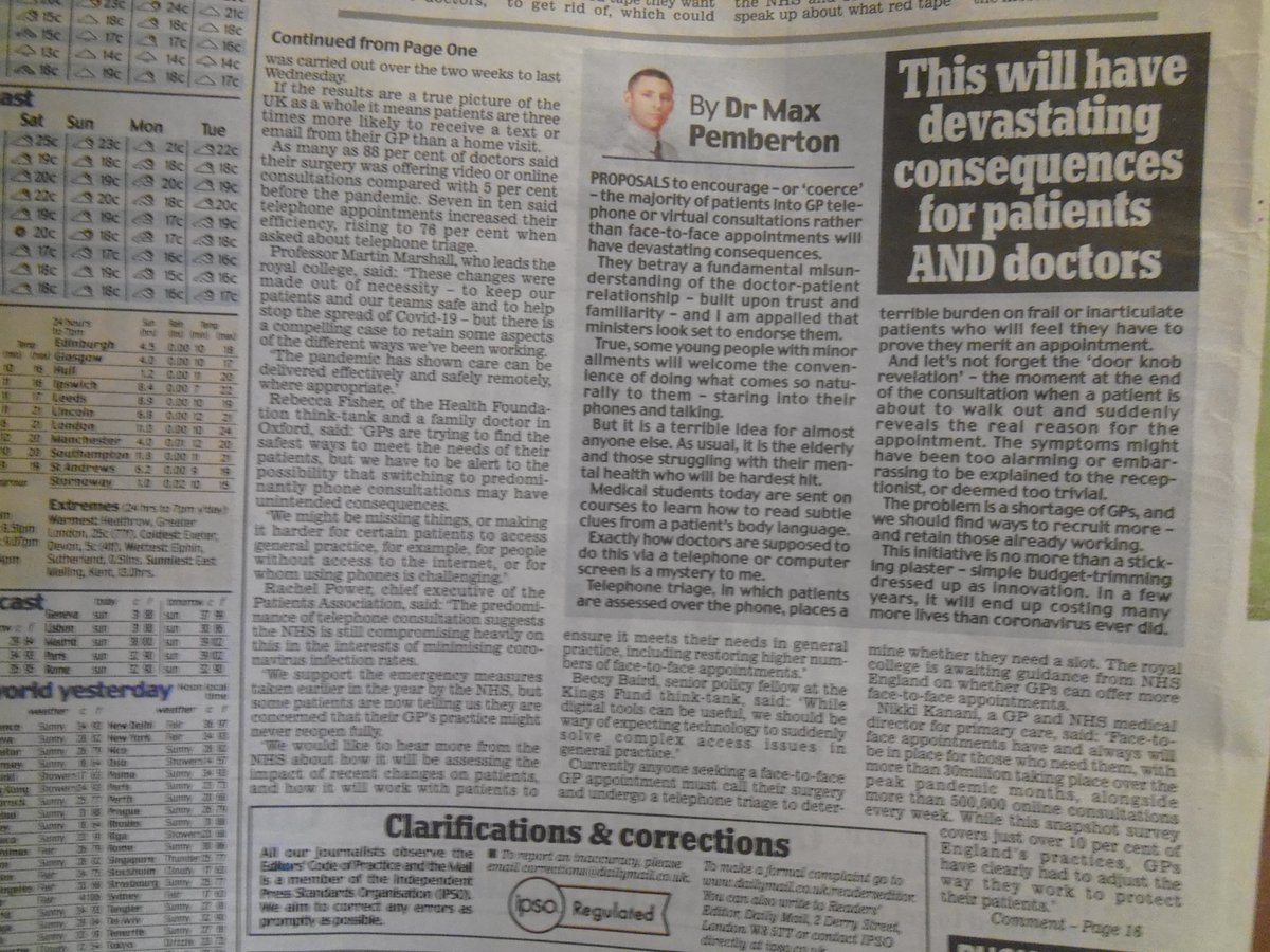 (1/5) Psychiatrist Max Pemberton was quite forthright on the UK government’s plans to discourage in-person consultations with doctors, writing in the Daily Mail, 30th July 2020. Following are some of the points he raised. #health  #healthcare  #NHS