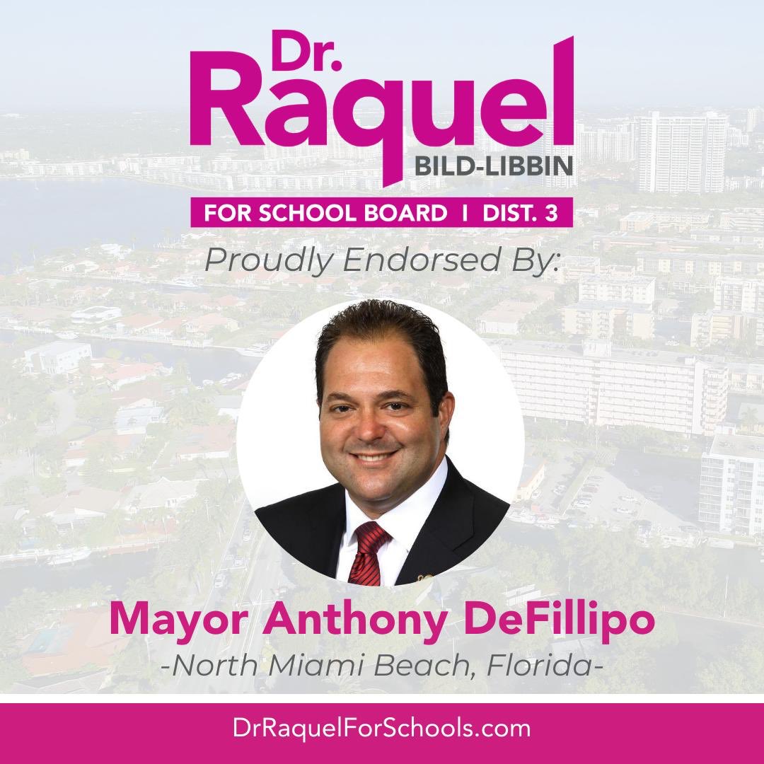 RaquelLibbinPhD's tweet photo. 🚨Endorsement Alert🚨

I am so proud to have earned the powerful endorsement and support of North Miami Beach Mayor @tonydefillipo! It is a true honor, Mayor DeFillipo is loved and respected by so many in our community. https://t.co/l3bh4nOnxB