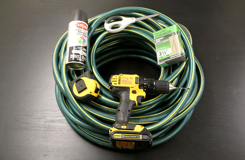 DIY tire spikes. 1 garden hoseHandheld drillMeasuring tapeHeavy-duty scissors (or hand pruners)2 boxes of 3 ½” Common Nails1 can of spray paintBlack Sharpie markerVia:  https://primitivesurvivors.com/diy-road-spikes/