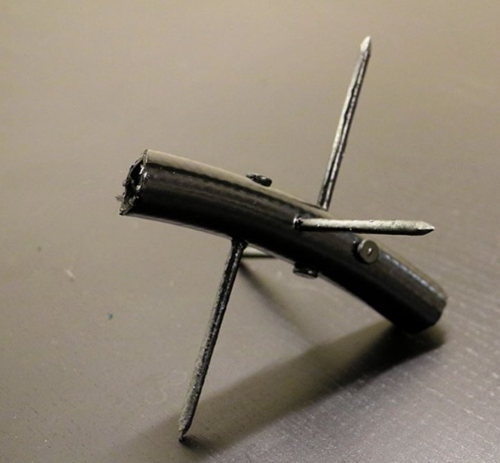 DIY tire spikes. 1 garden hoseHandheld drillMeasuring tapeHeavy-duty scissors (or hand pruners)2 boxes of 3 ½” Common Nails1 can of spray paintBlack Sharpie markerVia:  https://primitivesurvivors.com/diy-road-spikes/