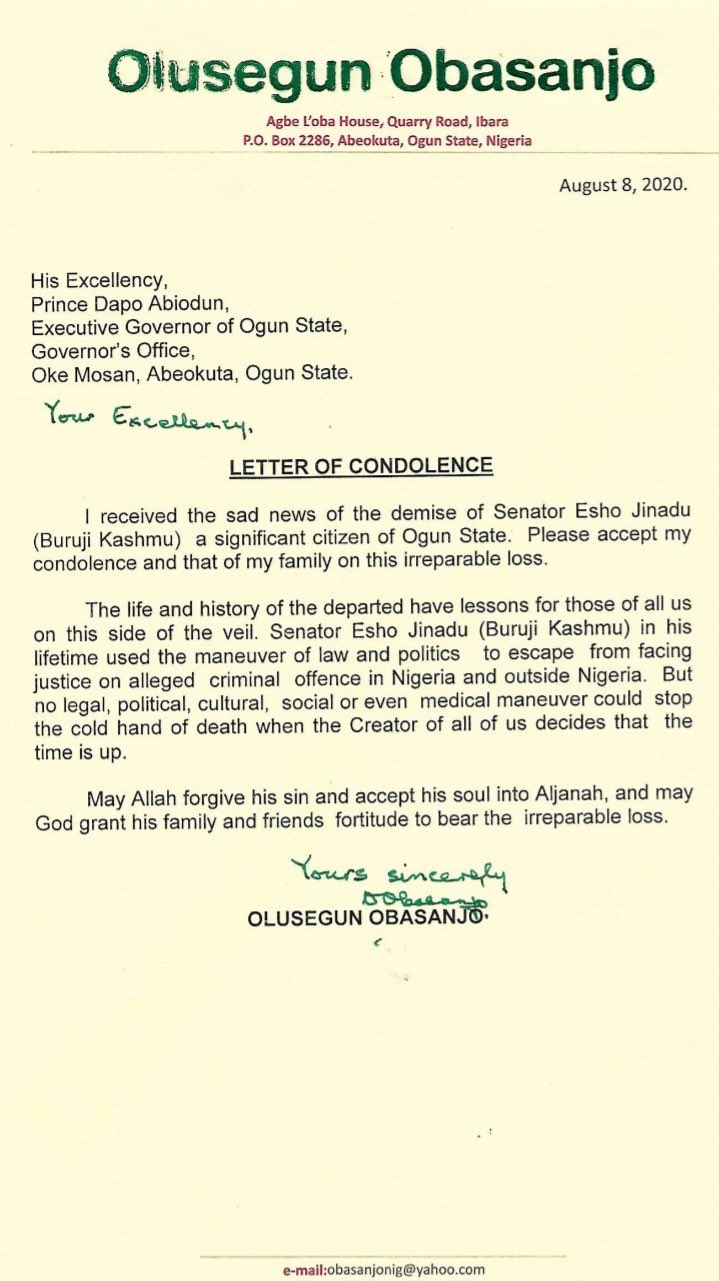 Chief Olusegun Obasanjo's condolence letter