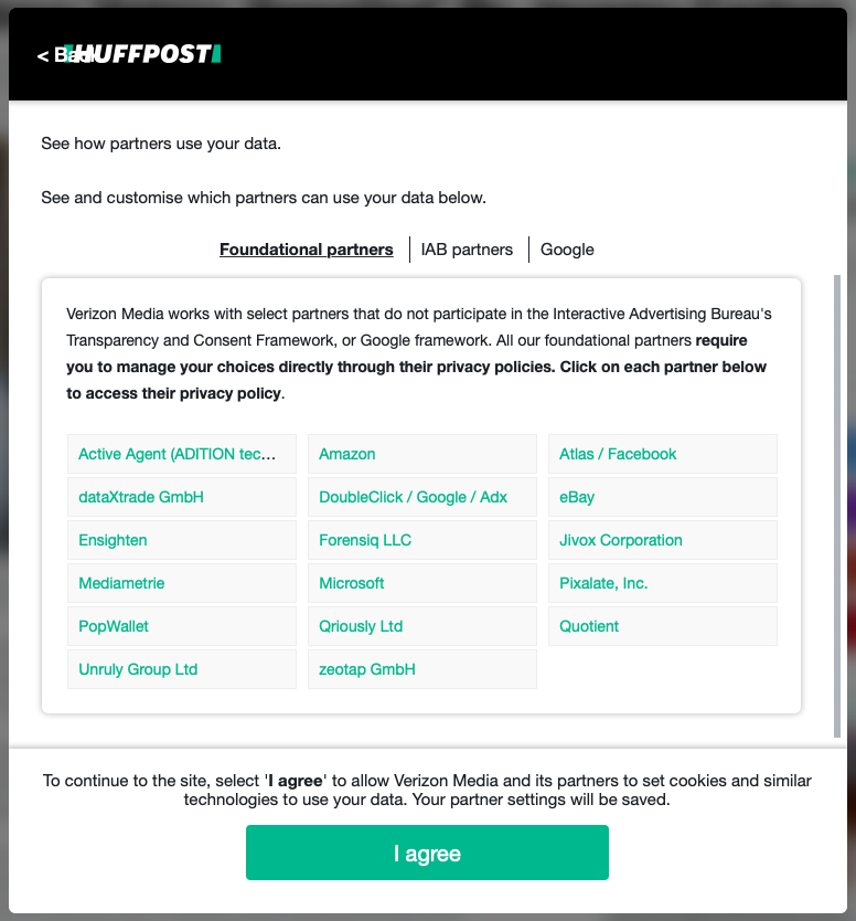 "If you disagree, please navigate through these 17 privacy policies. If you agree, please click our big friendly button." — @verizonmedia
