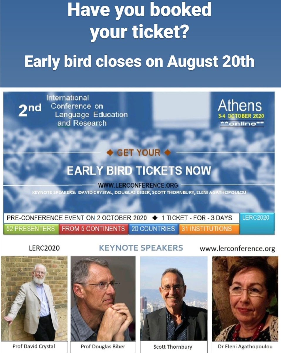 ConferenceLer's tweet photo. JOIN THE EVENT OF THE YEAR!  #LERC2020
🔴CRYSTAL, BIBER, THORNBURY, AGATHOPOULOU + 50 PRESENTERS FROM 5 CONTINENTS, 20 COUNTRIES, 31 INSTITUTIONS
☑️THEME: New Challenges for the 21st century in ELT
🔸Early-bird fee until August 20th, 2020
https://t.co/LPajHJFbsA https://t.co/DxxeKKNIJl