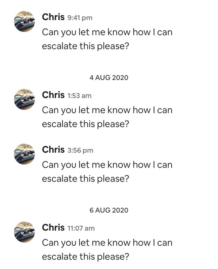 chrisbicknell17's tweet photo. @AirbnbHelp can you please explaon why I’m being ignored by your support team? https://t.co/SiE4TFNoDv