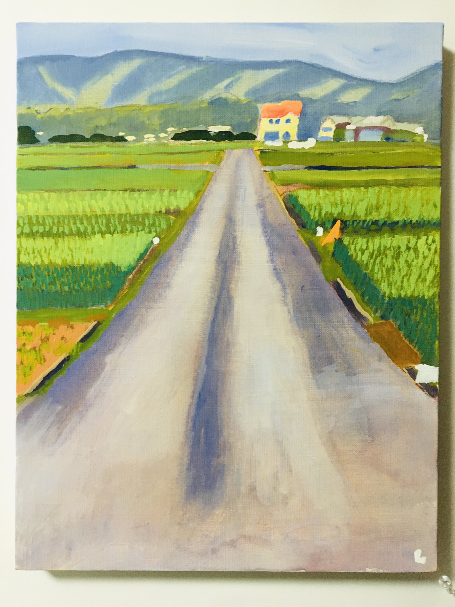 Lioncider 夏の空気 鳴くセミたち 道と風景 Illustration Drawing Road Landscape Nostalgia Mountain Paddyfield Green Image Art Colorful Acrylicpaint Picture Painting イラスト アート カラフル 絵