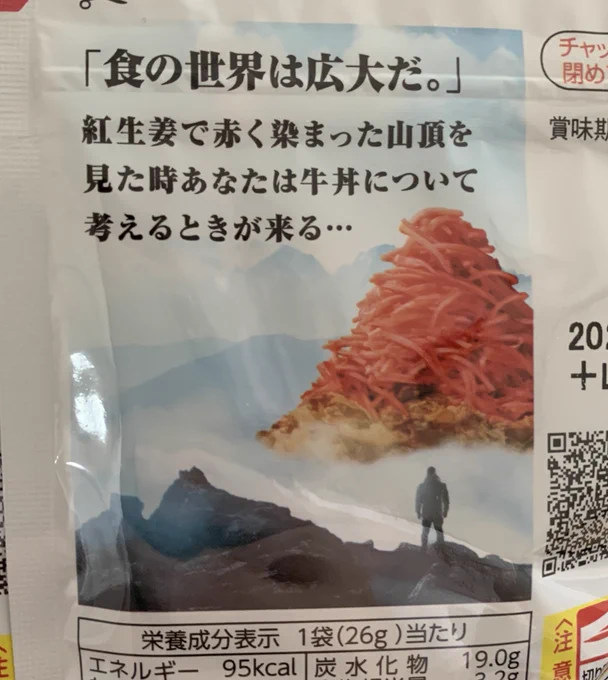 確かに牛丼に大量に紅生姜を乗せたときの味がします。
ただ、裏面のこの写真、なんか見覚えあるんだよなあ… 