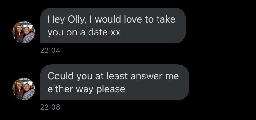 on monday i tweeted a tweet with the caption “pictures i want to recreate with someone’s son” accompanied but a series of mlm relationship photos. quite quickly graeme replied saying he had dm’d me. the first dm asking me on a date and the second after i hadnt replied.