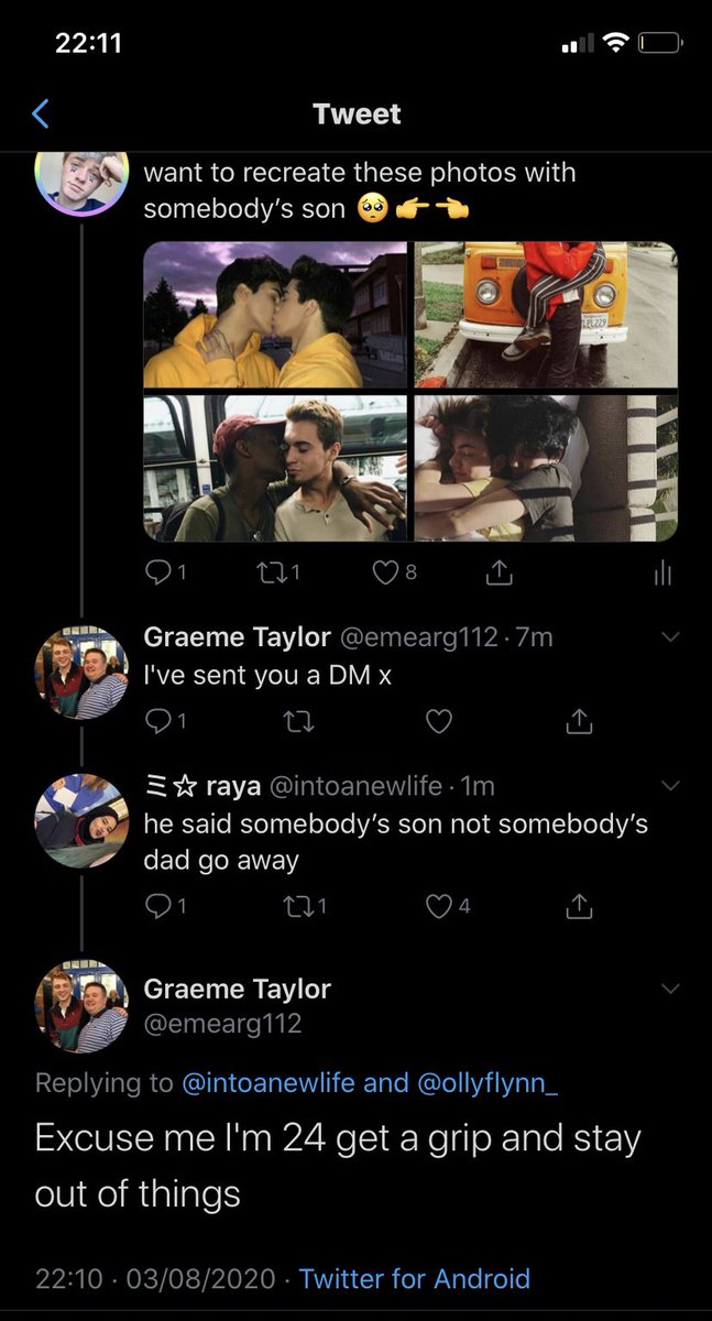 i sent both the tweet and the dm request ss into a group chat of my friends to say it had made me uncomfortable and my friend raya then went and replied to graemes comment on my tweet. he then told her to mind her own business stating he was 24 thus making it somehow ok?