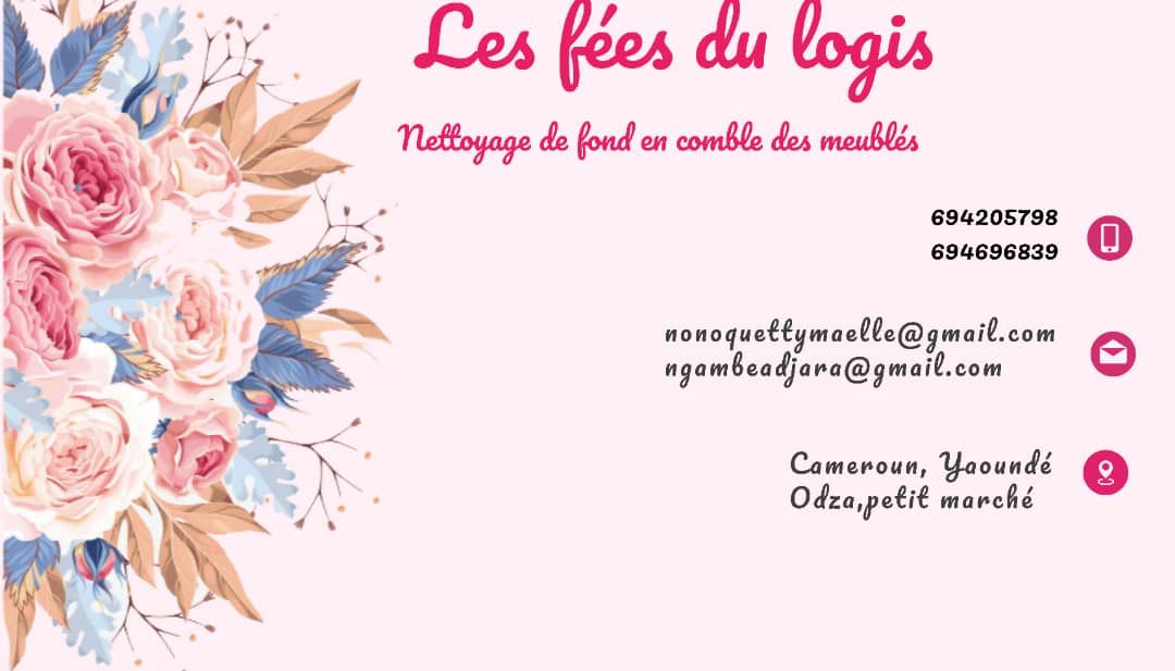 Les fées du logis vous proposent leur service de nettoyage de meublés avant, pendant et après le passage de vos clients.

📍 Odza petit Marché ~Yaoundé 

📞 694205798
       694696839

📧 nonoquettymaelle@gmail.com

#FéesDuLogis
#Discho
#DigitalShareContents