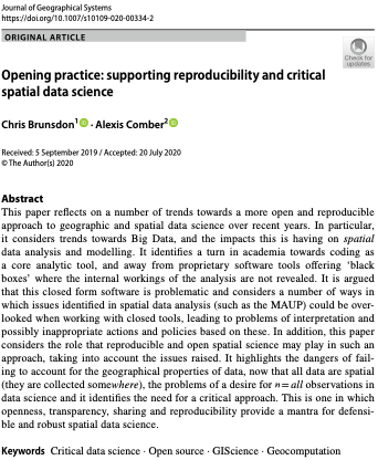 lexcomber's tweet photo. #OpenAccess paper with @chrisbrunsdon on #Reproducibility & #BigSpatialData
Key points
- avoid black box methods
- n=all not always better
- the MAUP will not go away
- need for critical spatial data science approach
https://t.co/lztoTTaVAo
#RStats
#RSpatial
#criticaldatascience https://t.co/NzqCyu64K1