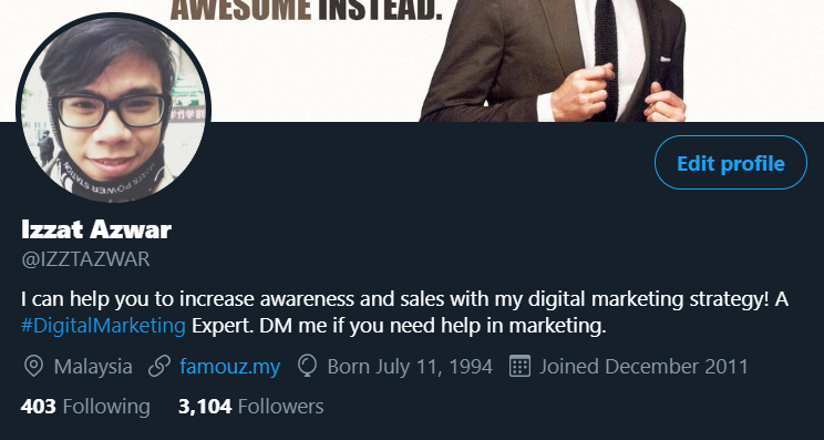2. People need to know youMana kami tahu korang jual apa. Jadi, letak la di bio korang seperti di bawah. Guna keunikan korang sendiri. Asalkan bila orang buka profile you, nampak apa sebenarnya korang buat.Macam aku digital marketer, aku tulis la aku digital marketing expert