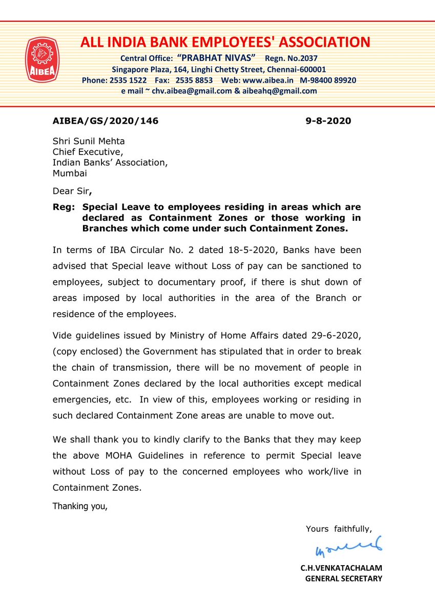 #AIBEA letter to <a href="/ChiefIba/">IBA_Chief_Executive</a>: 
Special Leave to employees residing in areas which are declared as Containment Zones or those working in Branches which come under such Containment Zones.