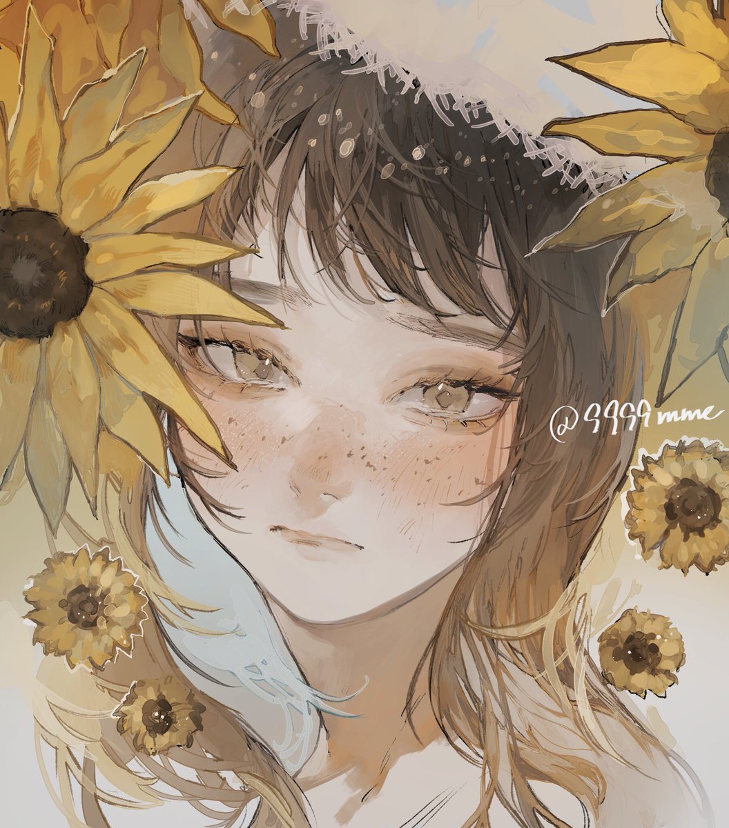 1girl sunflower flower solo freckles portrait brown hair  illustration images
