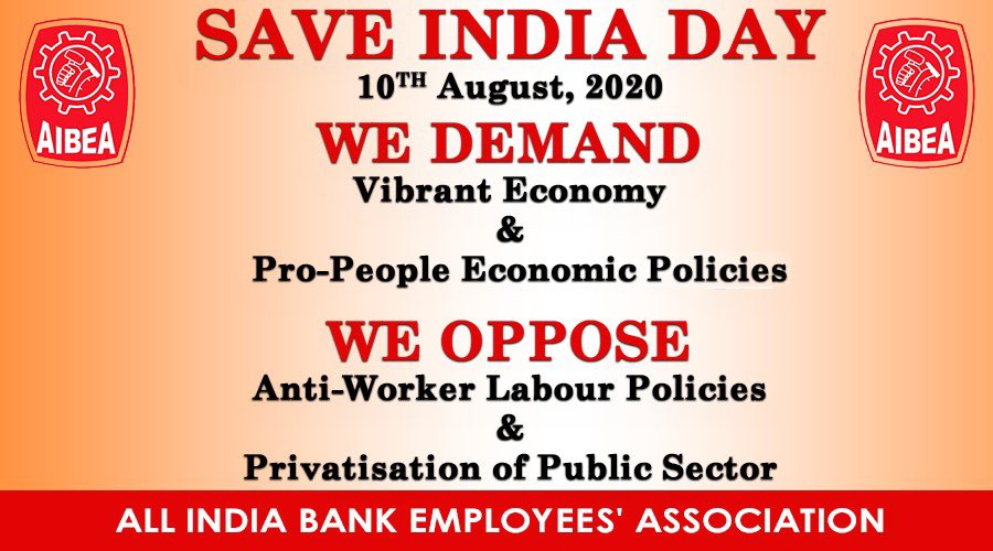 ARSujithRaju1's tweet photo. 10th August 2020-SAVE INDIA DAY
We Demand-Vibrant Economy &amp; pro people Economic policies 
We Oppose- Anti Worker  Policies &amp; Privatisation of Public Sector.
#AIBEA_RIGHT_PATH https://t.co/KtKTDxvwZG