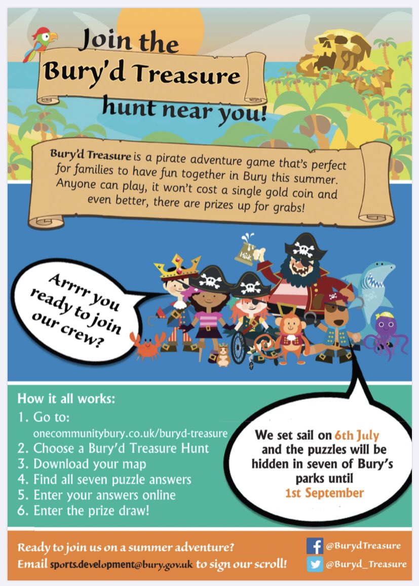 It’s the last day to be entered in to the prize draw for Week 5! 🏴‍☠️ 

The prize draw will be done tomorrow so make sure you’ve completed a trail this week! 

Sign up now using the link below! 

onecommunitybury.co.uk/buryd-treasure