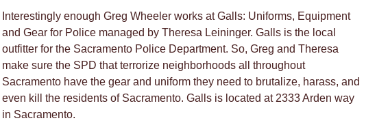 Check the article in full & pass it on to give the community a proper heads up about Gregory Scott Wheeler a white nationalist, & a Proud Boy working at Galls: Uniforms, Equipment and Gear for Police.They provide gear and uniforms for the Sacramento Police Department.  #ACAB