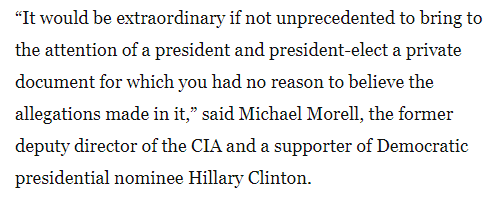 5/ Michael Morell, referring to process, said it would be "extraordinary if not unprecedented to bring to the attention of a president and ¬president-elect a private document for which you had no reason to believe allegations".  http://archive.is/0UzMO&nbsp;