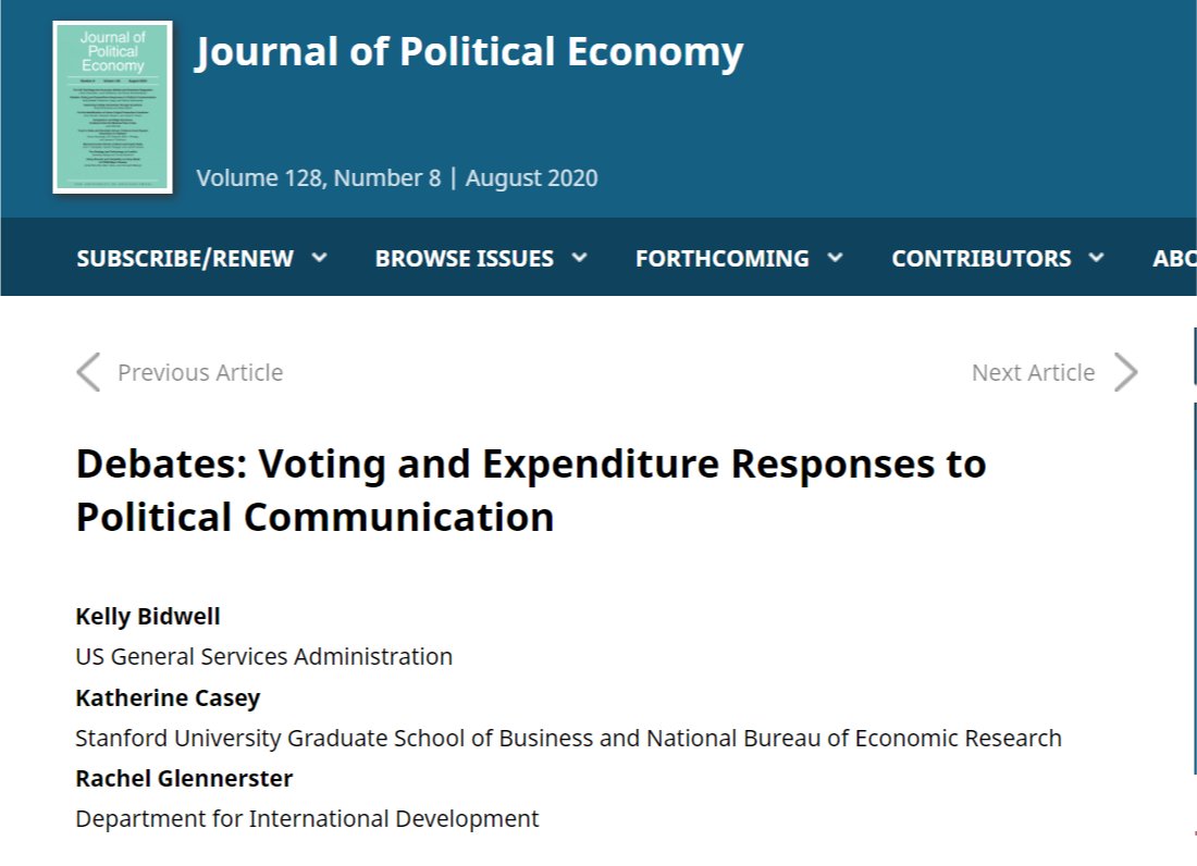 Its out  @JPolEcon Bidwell, Casey & Glennerster on the impact of debates on politician behavior! Thanks to  @SFCG_,  @poverty_action but mainly the politicians and parties of  #SierraLeone who embraced new ways of reaching voters. Early ungated v here 1/5 https://www.gsb.stanford.edu/sites/default/files/publication-pdf/bidwell_casey_glennerster_july2019.pdf