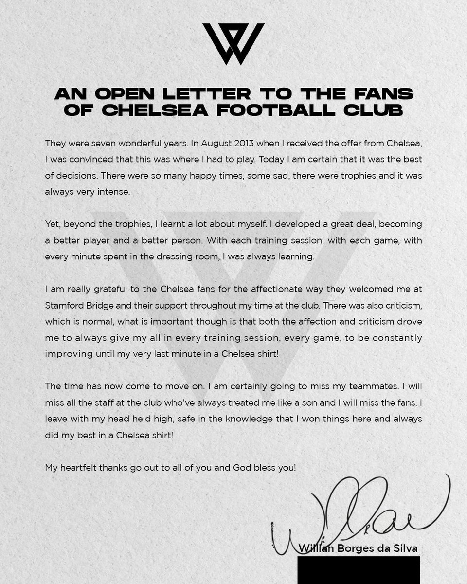 Willian on Twitter: "A OPEN LETTER TO THE FANS OF @ChelseaFC… "