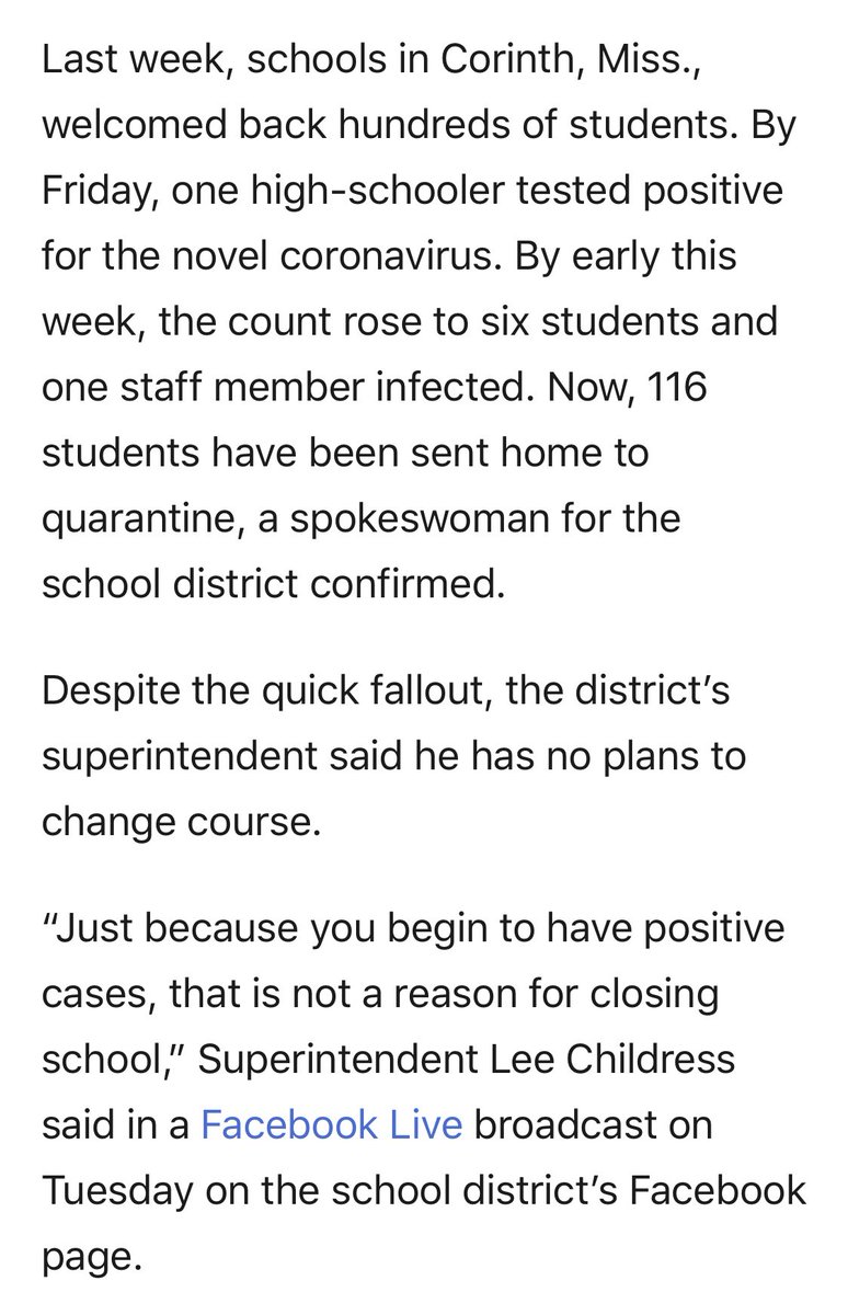 A Mississippi town welcomed students back to school last week. Now 116 are home in quarantine. | via  @washingtonpost  #StuckOnStupid  #SickAndDangerous  #GOPGenocide  https://www.washingtonpost.com/nation/2020/08/06/school-coronavirus-outbreak-mississippi/