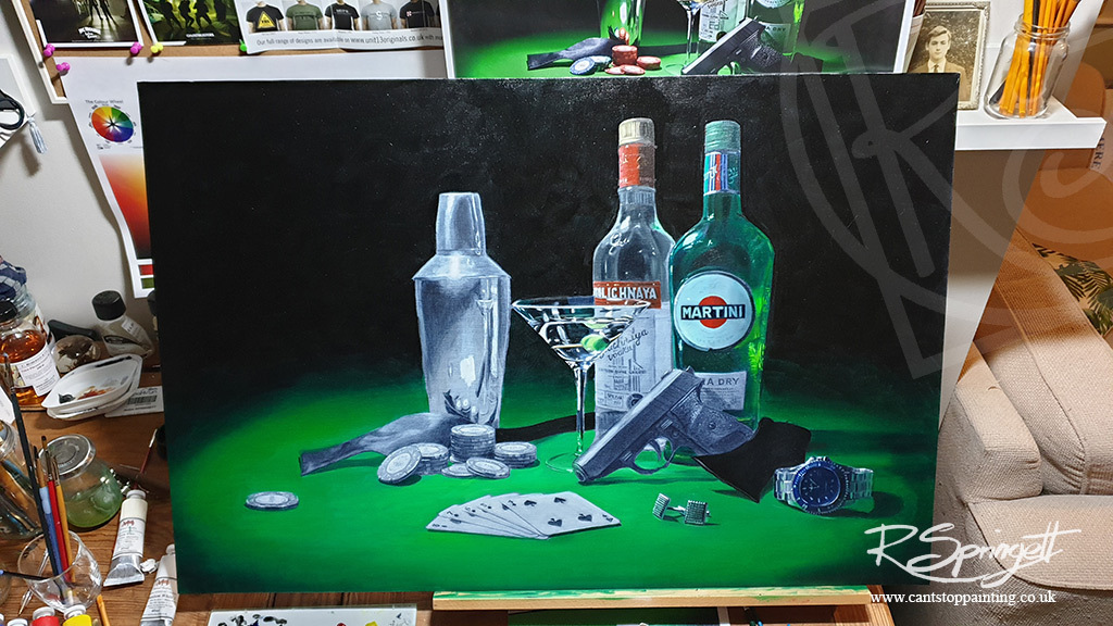 Springett_Art's tweet photo. As promised, here's the latest stage of my James Bond painting...I'm loving the green and I always enjoy paining glass. 

#jamesbond #007 #art #oilpainting https://t.co/raY7xZ4yeC