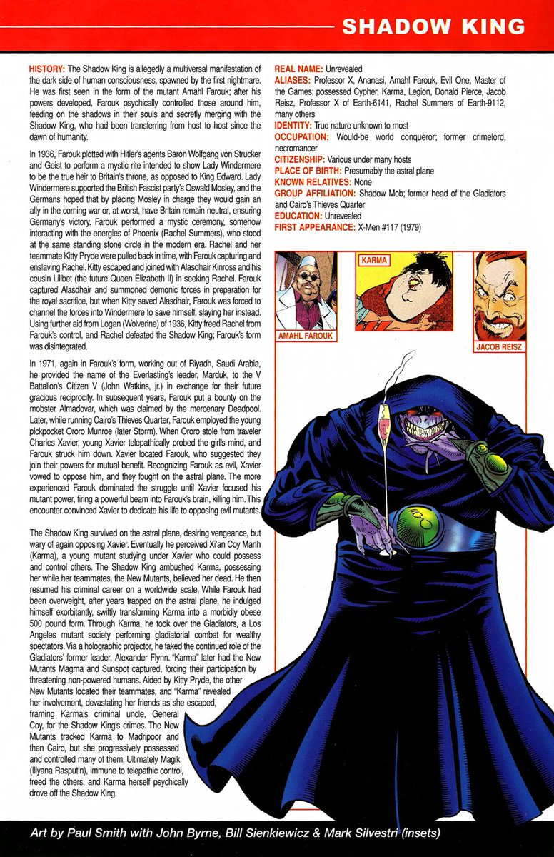 All-New Handbook to the Marvel Universe contends that Shadow King is "allegedly a multiversal manifestation of the dark side of human consciousness, spawned by the first nightmare" "transferring from host to host since the dawn of humanity" also describes Farouk as a "mutant"