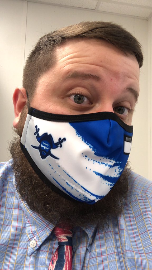 MrCoachSwain's tweet photo. This isn’t what my usual Buccaneer gear looks like. But we’re repping our school even during phase 2. We’re staying safe and gld to be back with our students! @GoBucsSJHS https://t.co/e1BDa964JN
