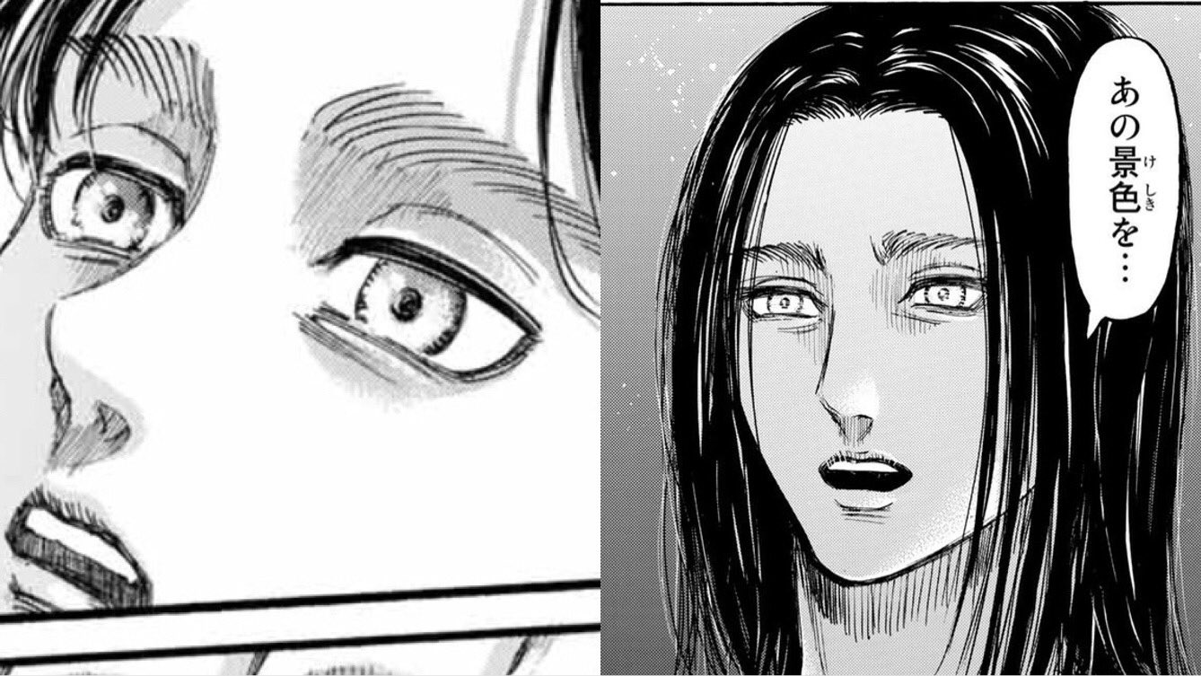 進撃attack Twitter ನಲ ಲ 131話と121話のエレンの表情似てる エレンが未来の記憶から見た景色は地鳴らしによって 自由 になった景色なんだろうな 進撃の巨人131話
