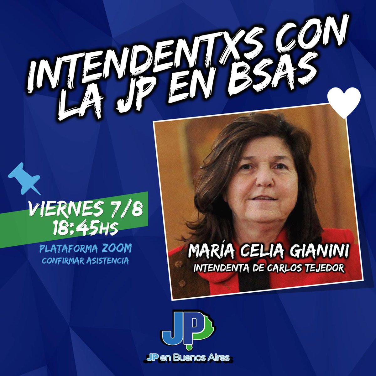 JPenBuenosAires's tweet photo. ¡Hoy conversamos con @mceliagianini, Intendenta de Carlos Tejedor!

¡A las 18 45hs por Zoom, escribinos para participar! https://t.co/cvODxg03Zd