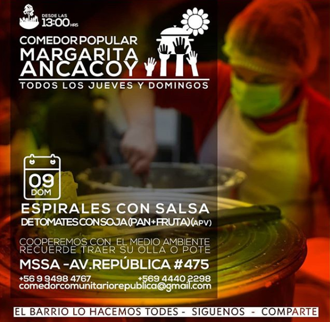 mssachile's tweet photo. Recuerden que mañana  @CAncacoy espera a todxs quienes necesiten apoyo en esta pandemia. Traigan su pote u olla para llevarse comida hecha con amor a Av. República 475 desde las 13 h. @Republicaapc @coordinaollas @DonaUngas @nomashambrecl @Cucharadepaloc1
https://t.co/zNi6xYhDdl https://t.co/Rg1yq6W2sW