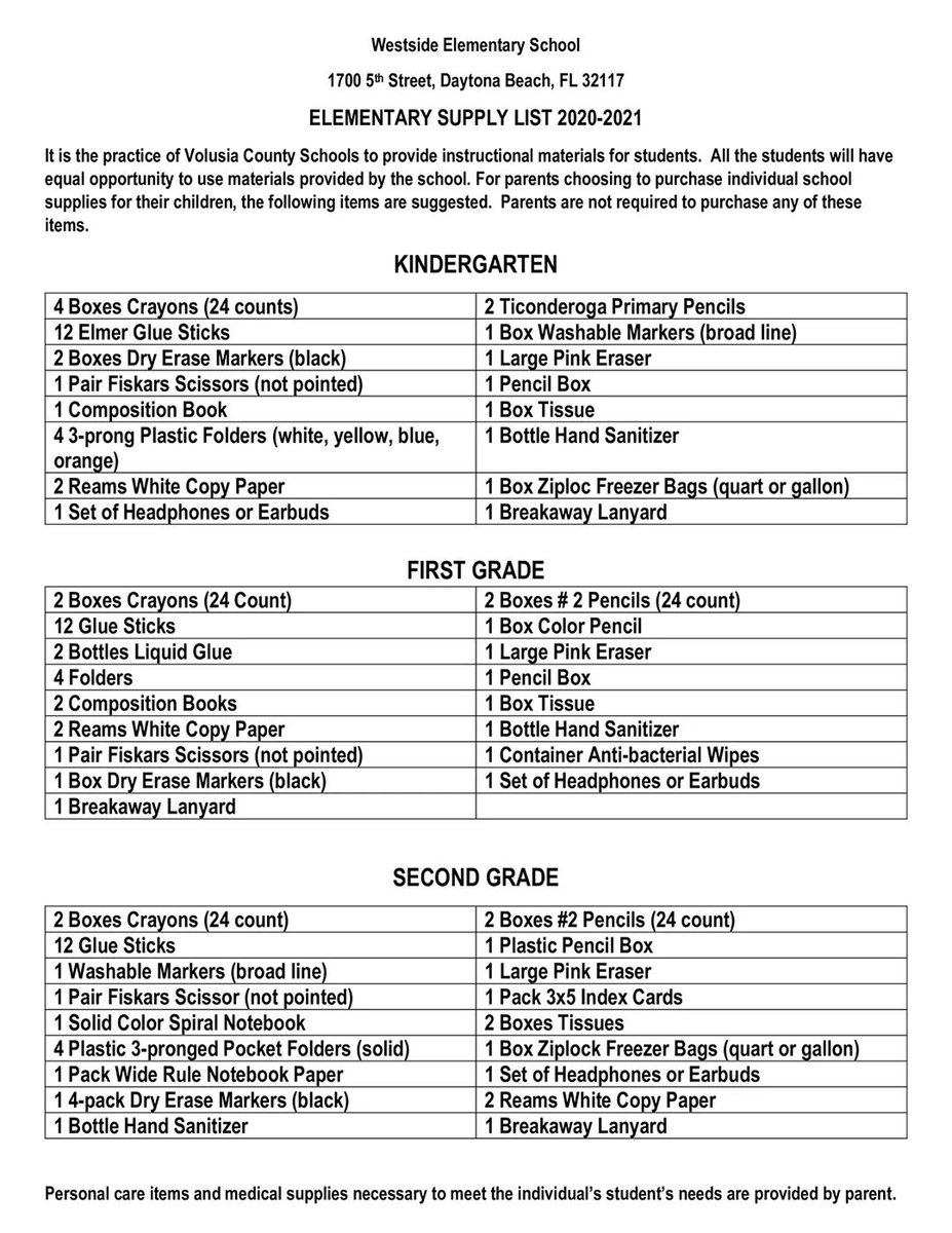 WestsideVCS's tweet photo. Welcome back! Here are the supply lists for the 2020 school year! @DCopeland2014 @tdixon1972 #backtoschool #WestsideVCS #taxfreeweekend https://t.co/LW14TFeQha