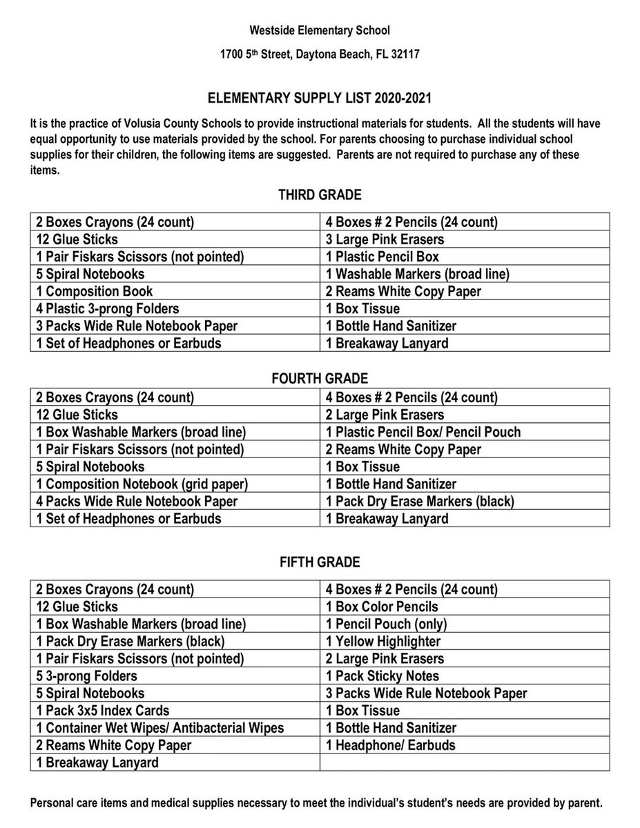 WestsideVCS's tweet photo. Welcome back! Here are the supply lists for the 2020 school year! @DCopeland2014 @tdixon1972 #backtoschool #WestsideVCS #taxfreeweekend https://t.co/LW14TFeQha