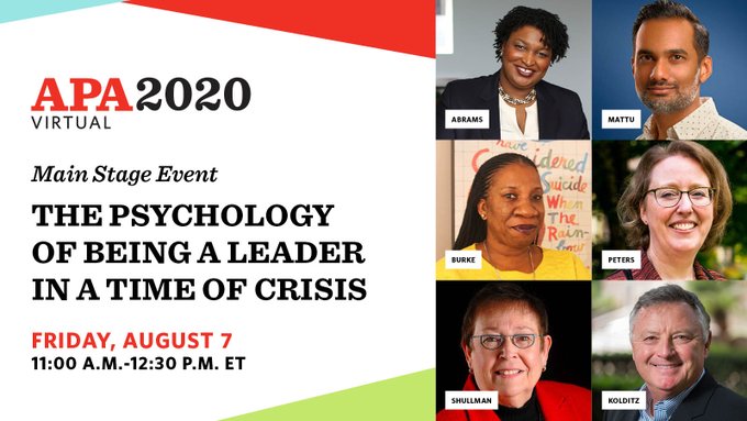 Welcome to today’s  #APA2020 Virtual main stage event, The Psychology of Being a Leader in a Time of Crisis, hosted by  @amyewalter.