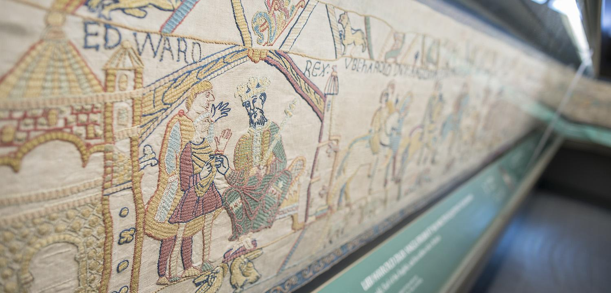 This is a great moment to bring into the thread (quite literally) our version of the Bayeux Tapestry: 70 threaded metres of astonishing artistry, embroidered in 1880s England by the thirty-five women of the Leek Embroidery Society in Staffordshire.
