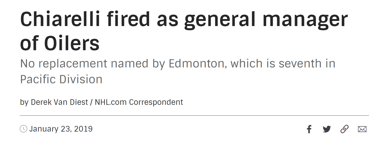 Again, you're probably thinking "haha, great job Oilers!" but they are far from done here.What else was happening in January 2019 for the Oilers, I wonder?January 23, 2019. Oilers fire their GM.