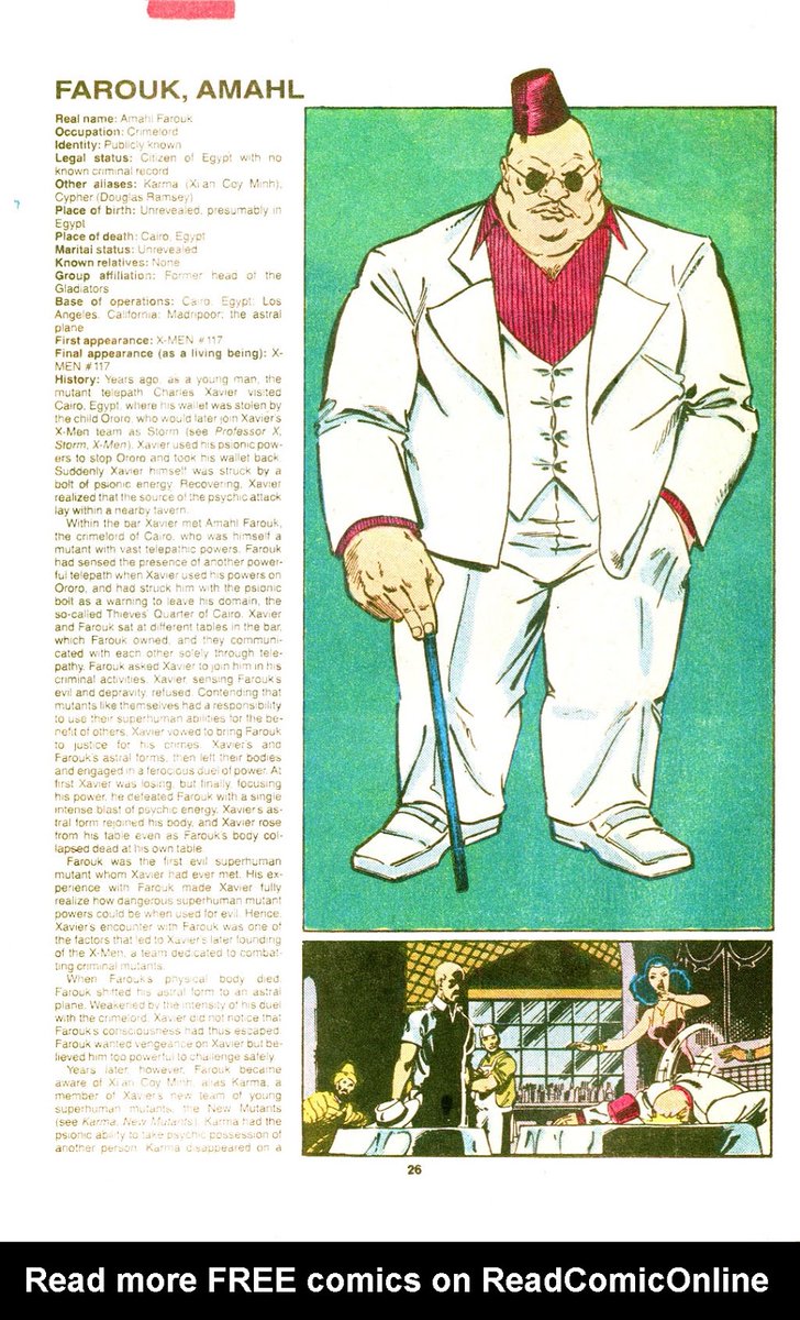 The older Official Handbook of the Marvel Universe Deluxe Edition #17 summarizes UXM117 and the NM arc. Suggests Amahl Farouk is SK and a mutant. (1987 vs 2006 in previous tweet)
