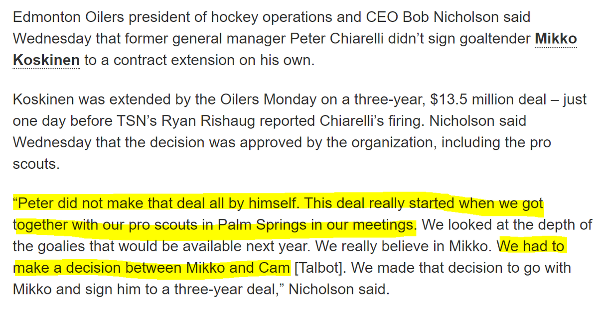 6. In the middle of January, amidst the turmoil of firing their GM, the Oilers headed to Palm Springs and decided as a group (AGAIN IN JANUARY) that they JUST HAD to make a decision between Mikko and Talbot. https://www.tsn.ca/nicholson-koskinen-extension-was-approved-by-organization-1.1246091