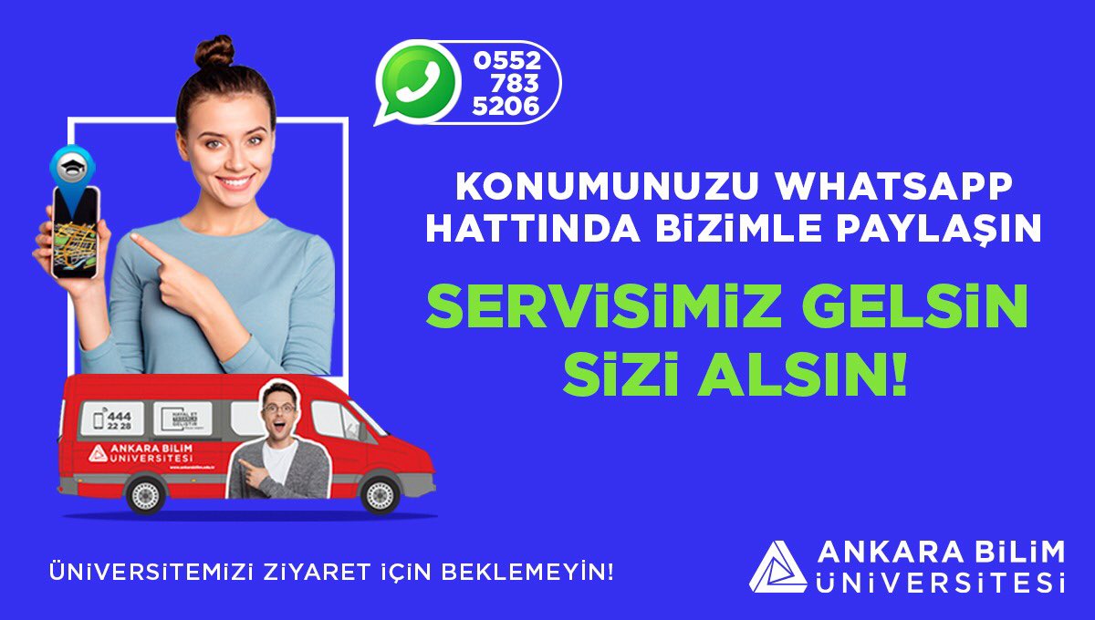 Whatsapp hattımıza konumunuzu atın gelip sizi neredeyseniz alıp, okulumuzdaki Tanıtım Günlerine kolayca ulaşmanızı sağlayalım. #ankarabilimüniversitesi
