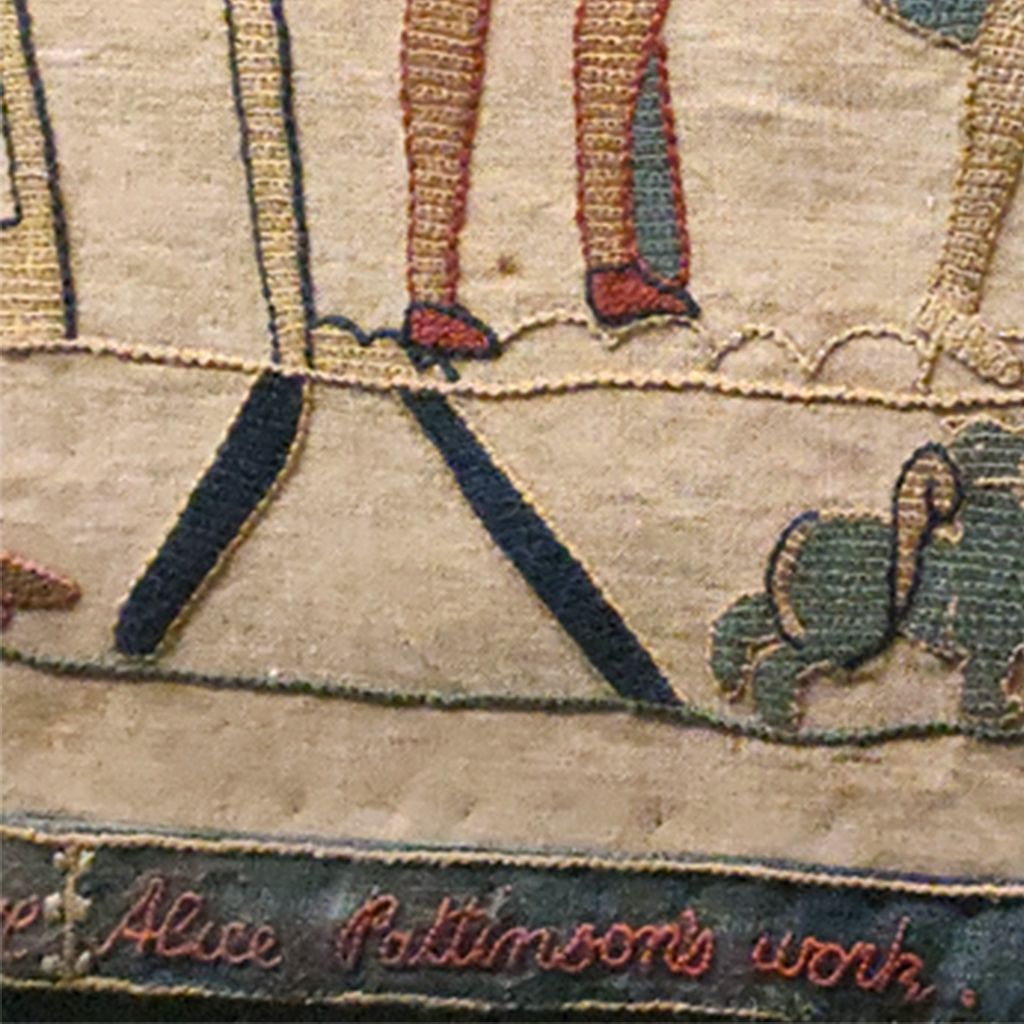Its creation was the idea of Society member Elizabeth Wardle, who visited Bayeux in 1885 and saw the original.The Society created the Tapestry over the course of a year, using the same techniques as the original.Each embroiderer added their name beneath their section, e.g.
