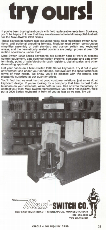 Maxi-Switch keyboard ad. the company also sold keyboards with field-replaceable reeds. (just like saxaphones and oboes.)