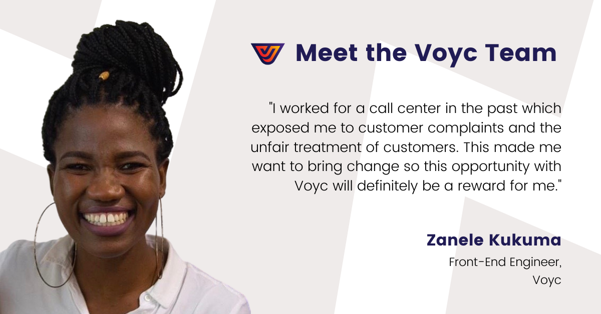 Voyc (@voyc_ai) on Twitter photo Meet Zanele, who has just completed her first week at Voyc.
Q: Voyc is on a mission to ensure that companies and their customers are treated fairly. Why did you join this mission?
#MeetTeamVoyc #CustomerCare #AI Meet Zanele, who has just completed her first week at Voyc.
Q: Voyc is on a mission to ensure that companies and their customers are treated fairly. Why did you join this mission?
#MeetTeamVoyc #CustomerCare #AI