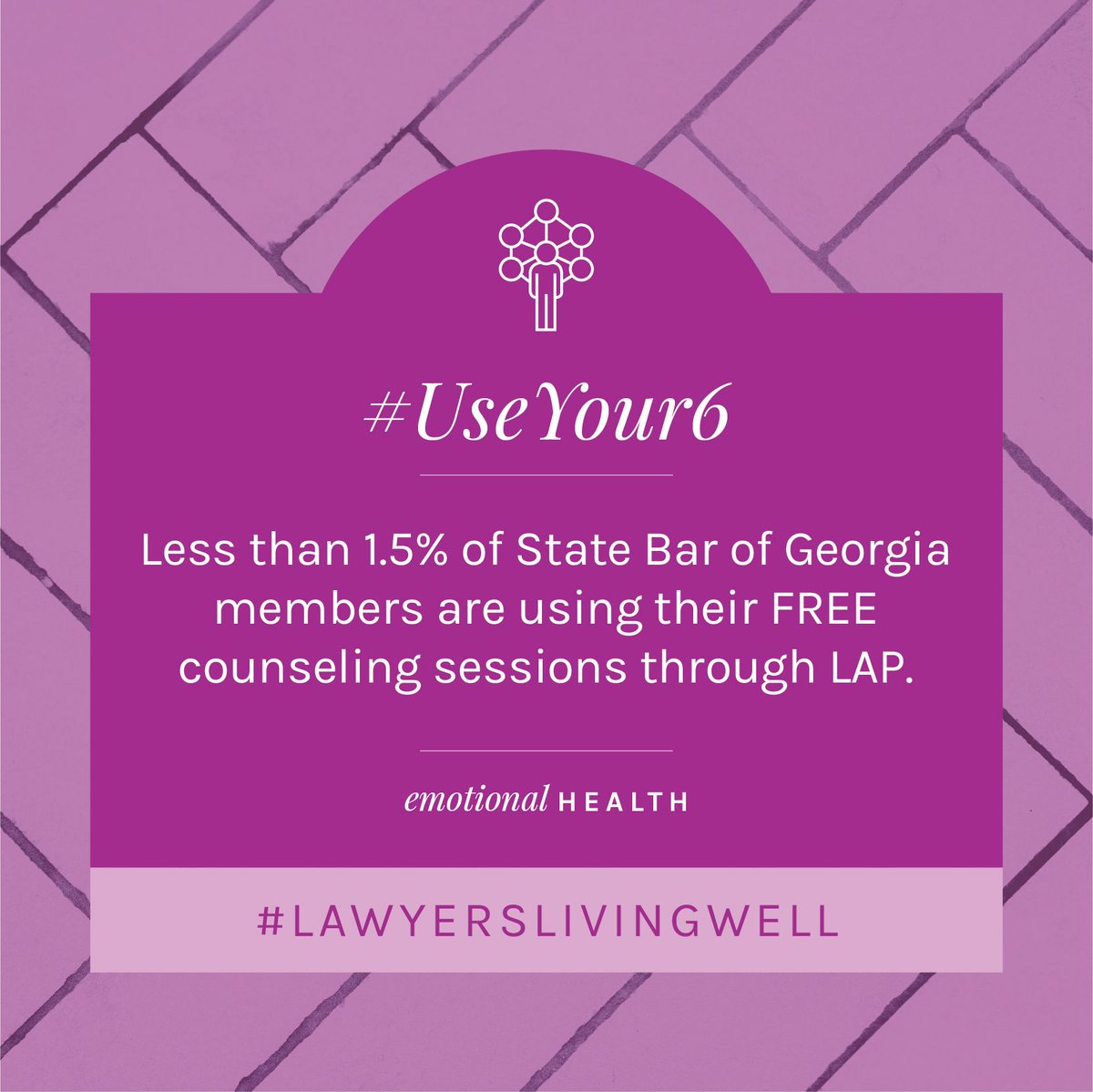 State Bar of Georgia (@statebarofga) on Twitter photo Did you know that less than 1.5% of <a href="/StateBarofGA/">State Bar of Georgia</a> members take advantage of the FREE counseling services available through the Lawyers Assistance Program? #UseYour6 pre-paid counseling services are for all Georgia Bar members. Call to learn more: 1-800-327-9631 #LawyersLivingWell Did you know that less than 1.5% of <a href="/StateBarofGA/">State Bar of Georgia</a> members take advantage of the FREE counseling services available through the Lawyers Assistance Program? #UseYour6 pre-paid counseling services are for all Georgia Bar members. Call to learn more: 1-800-327-9631 #LawyersLivingWell