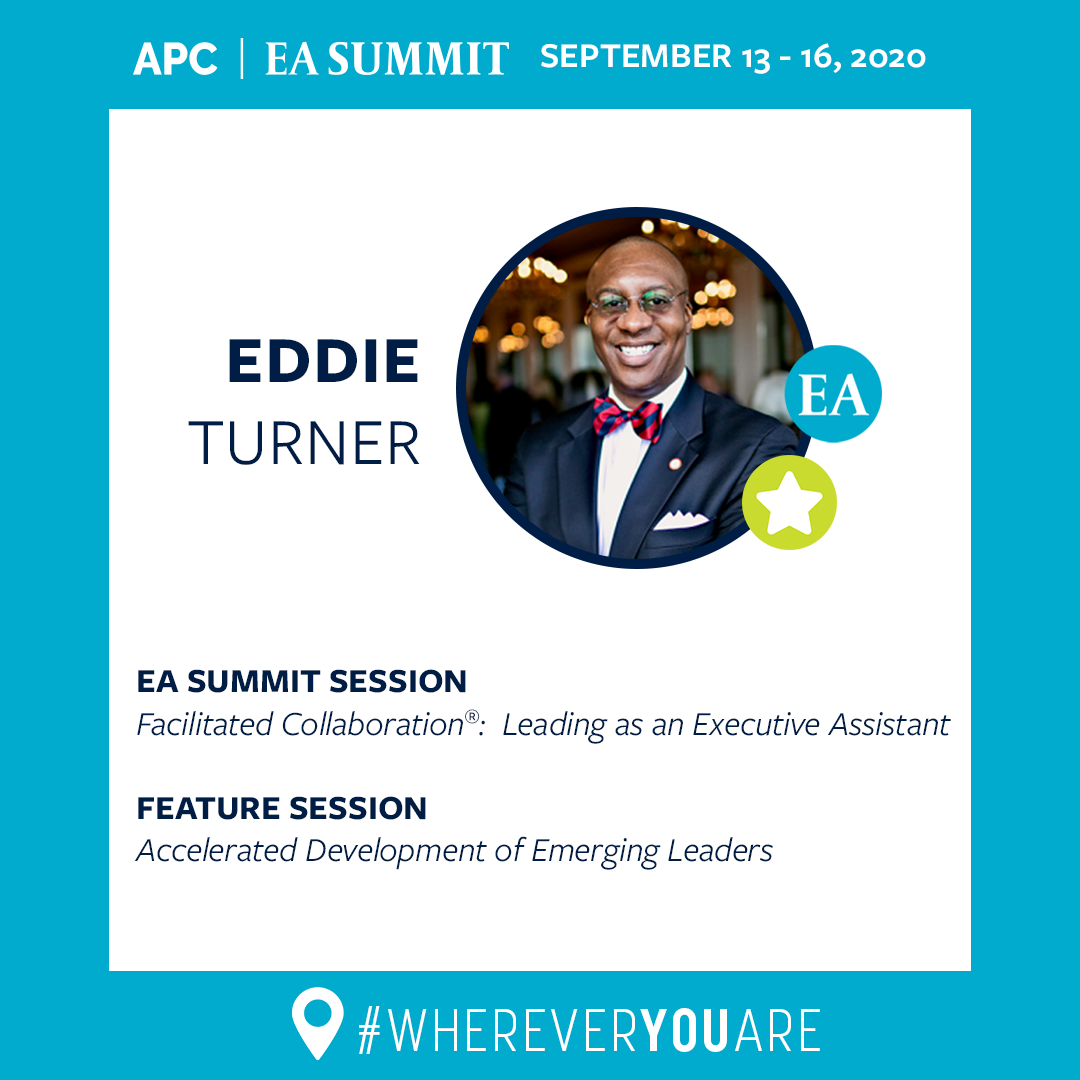 APCevent's tweet photo. Learn to #lead at #VirtualAPC and #EASummit! Eddie Turner will help you learn unlock your treasure trove of cross-generational talent and teach you how to lead as an #ExecutiveAssistant. Discover more about Eddie and his sessions here: https://t.co/zHNnURf7fD https://t.co/ZjS6PZo1t1